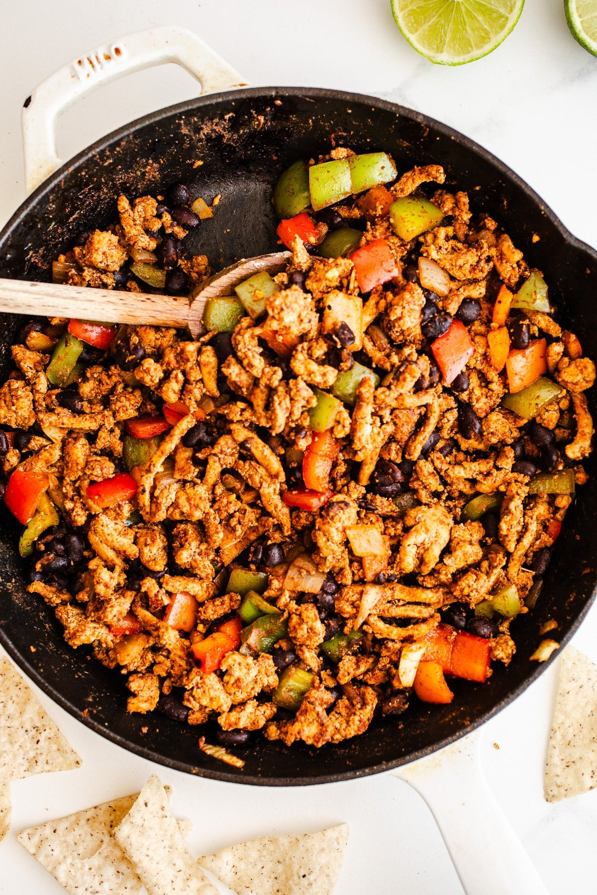 Taco skillet with turkey in a skillet. 