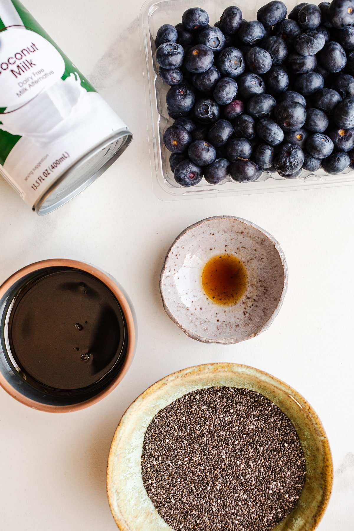 Ingredients to make blueberry chia pudding.