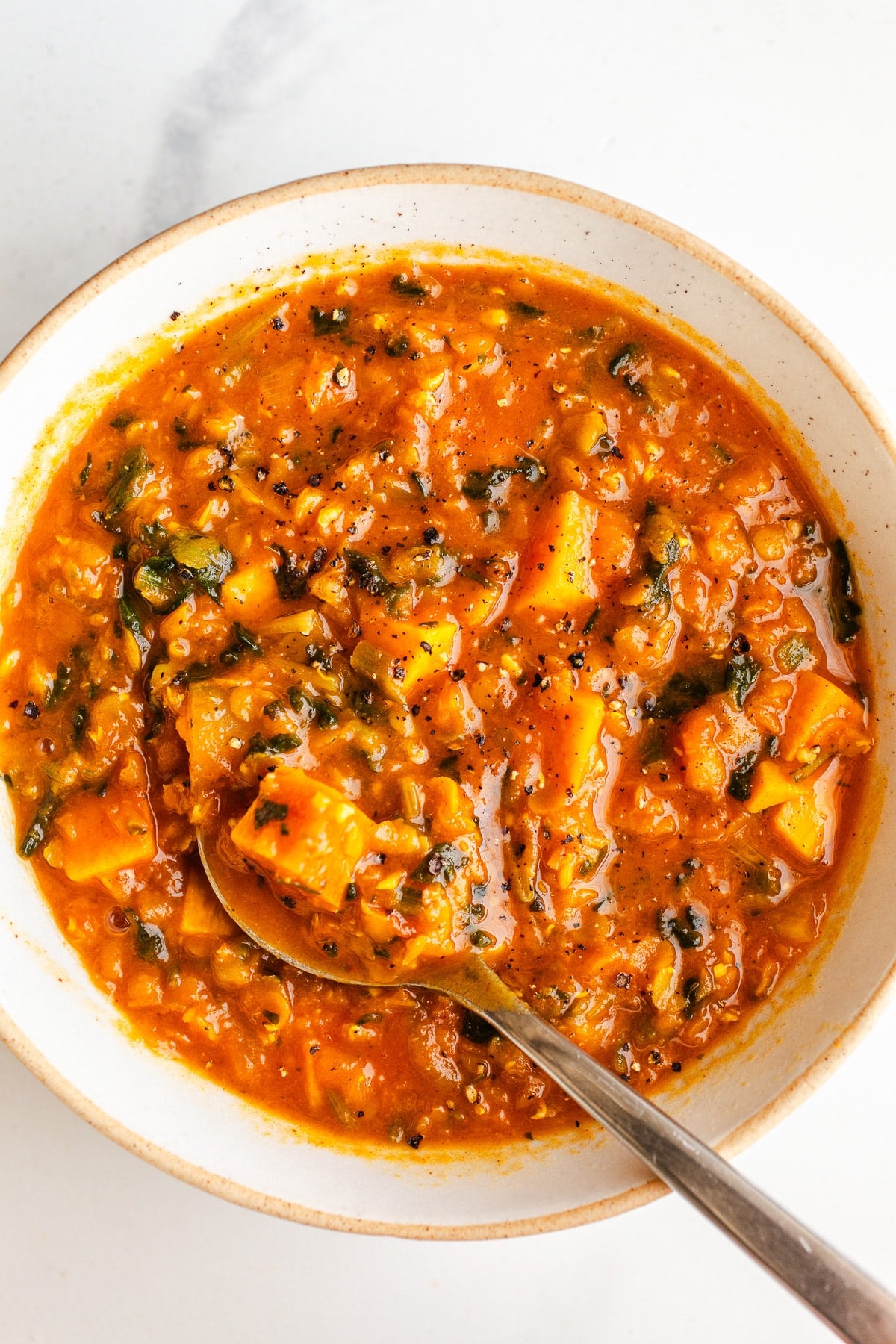 Red lentil soup and vegetables in a bowl. 