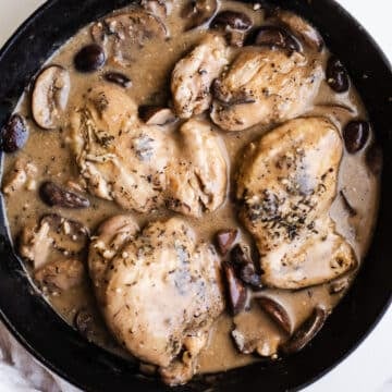 Chicken and Mushrooms in a skillet.