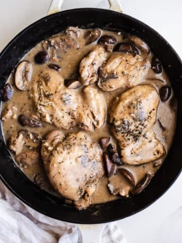 Chicken and Mushrooms in a skillet.