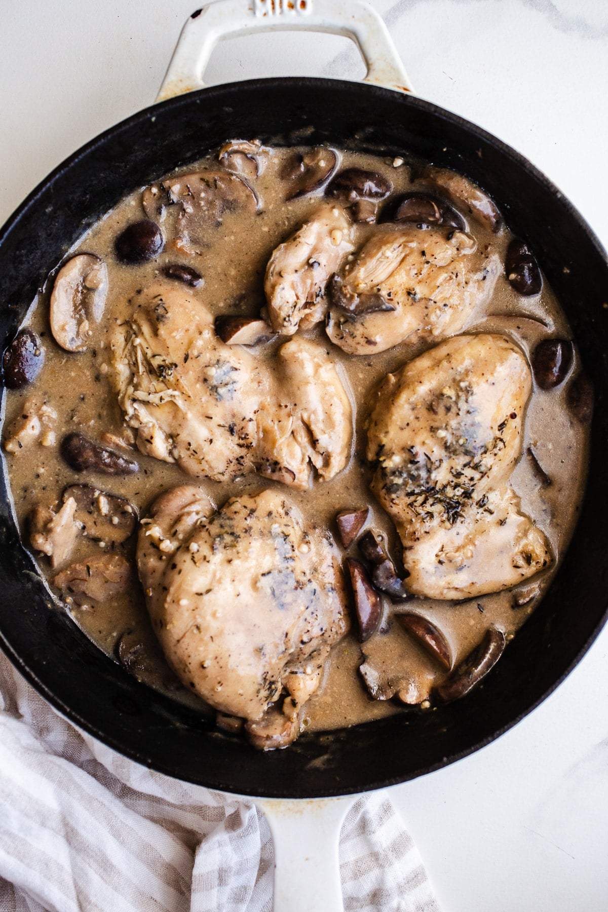 Chicken and Mushrooms in a skillet.