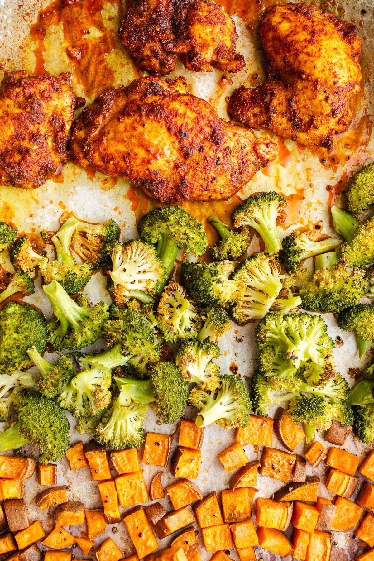 Baked sheet pan chicken, sweet potatoes, and broccoli.