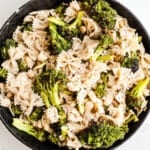 Pasta and broccoli in a skillet.