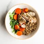 Chicken and quinoa in a bowl.
