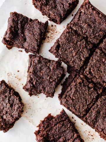 Chocolate brownie bars on parchment paper.