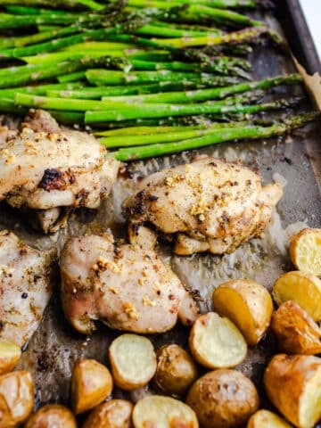 Sheet pan chicken, asparagus, and potatoes.