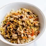 Turkey stir fry in a bowl.
