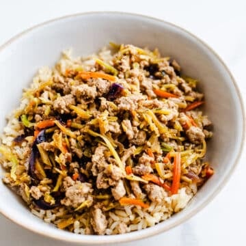 Turkey stir fry in a bowl.