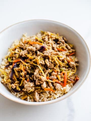 Turkey stir fry in a bowl.