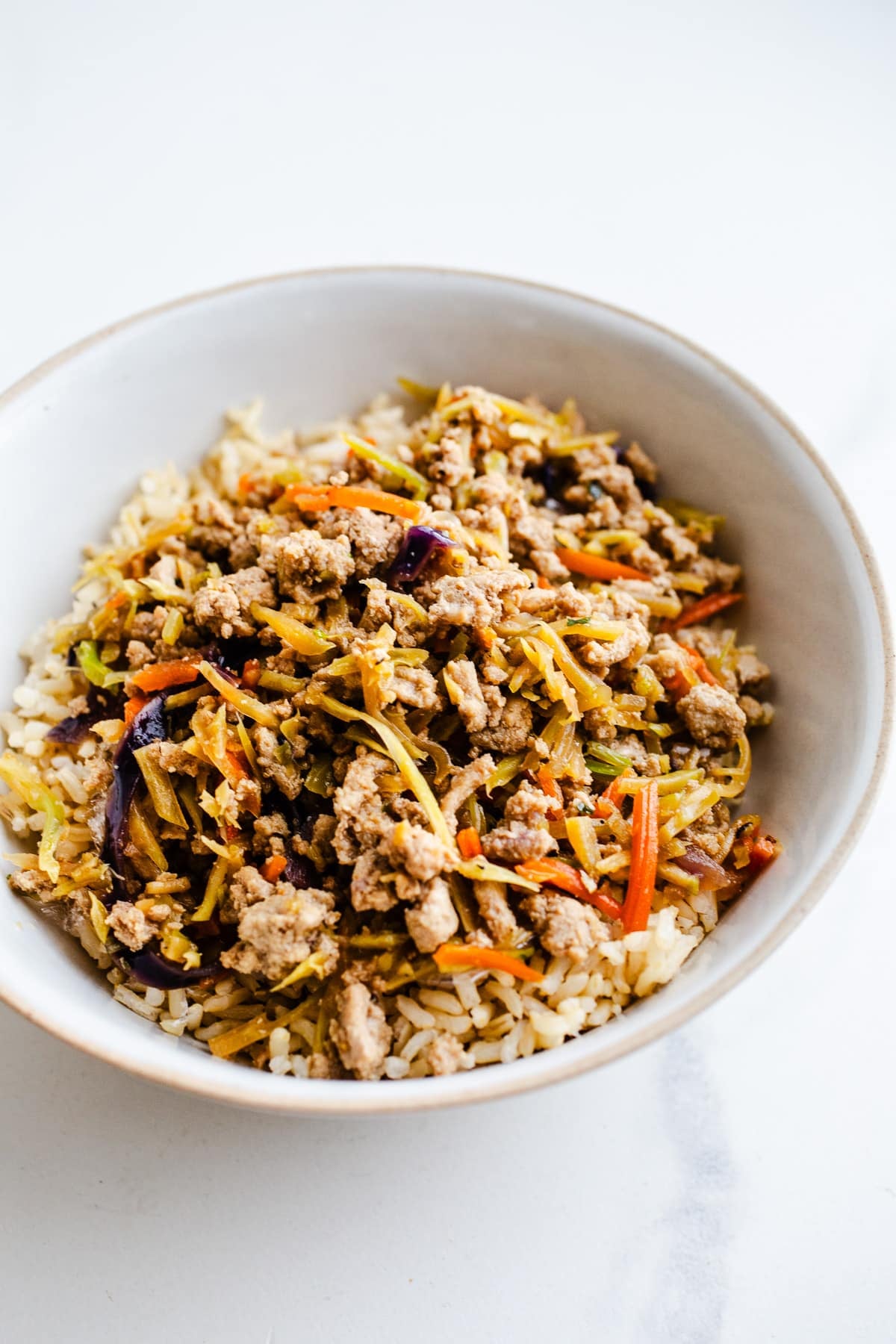 Turkey stir fry in a bowl.