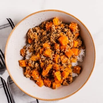 Turkey and sweet potato skillet over rice.