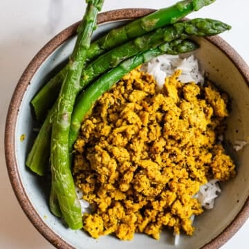 Ground turkey bowl with asparagus over rice.